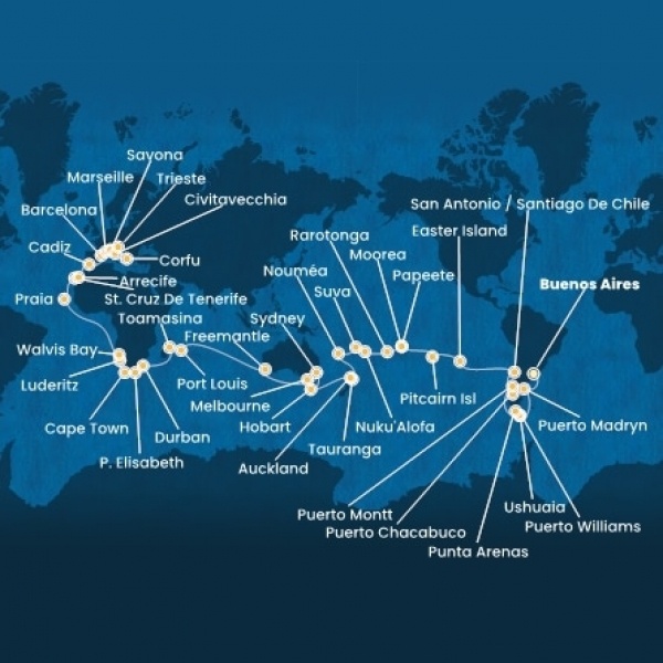 Costa Deliziosa - Argentína, Chile, Francia Polinézia, Tonga, Fiji, Hawaii, Új-Zéland, Ausztrália, Mauritius, South Africa, Namibia, Kanári-szigetek, Spanyolország, Franciaország, Olaszország