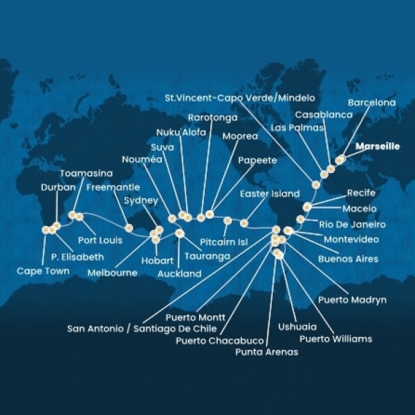 Costa Deliziosa - Franciaország, Spanyolország, Marokkó, Kanári-szigetek, Zöld-Foki Köztársaság, Brazília, Uruguay, Argentína, Chile, Francia Polinézia, Tonga, Fiji, Új-Zéland, Ausztrália, South Africa