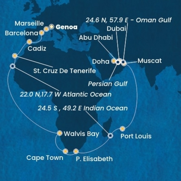 Costa Smeralda - Olaszország, Franciaország, Spanyolország, Kanári-szigetek, Namibia, South Africa, Mauritius, Omán Szultánság, Egyesült Arab Emirátusok