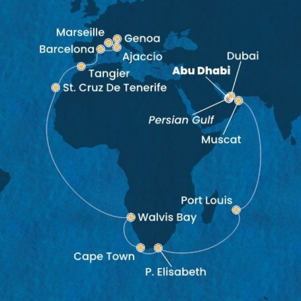 Costa Smeralda - Egyesült Arab Emirátusok, Omán Szultánság, Mauritius, South Africa, Namibia, Kanári-szigetek, Marokkó, Spanyolország, Corsica (France), Olaszország, Franciaország