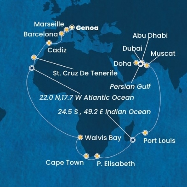 Costa Smeralda - Olaszország, Franciaország, Spanyolország, Kanári-szigetek, Namibia, South Africa, Mauritius, Omán Szultánság, Egyesült Arab Emirátusok