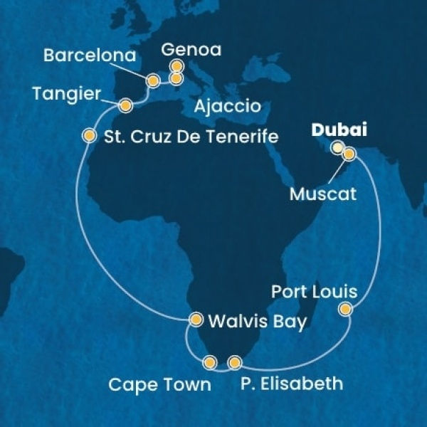 Costa Smeralda - Egyesült Arab Emirátusok, Omán Szultánság, Mauritius, South Africa, Namibia, Kanári-szigetek, Marokkó, Spanyolország, Corsica (France), Olaszország